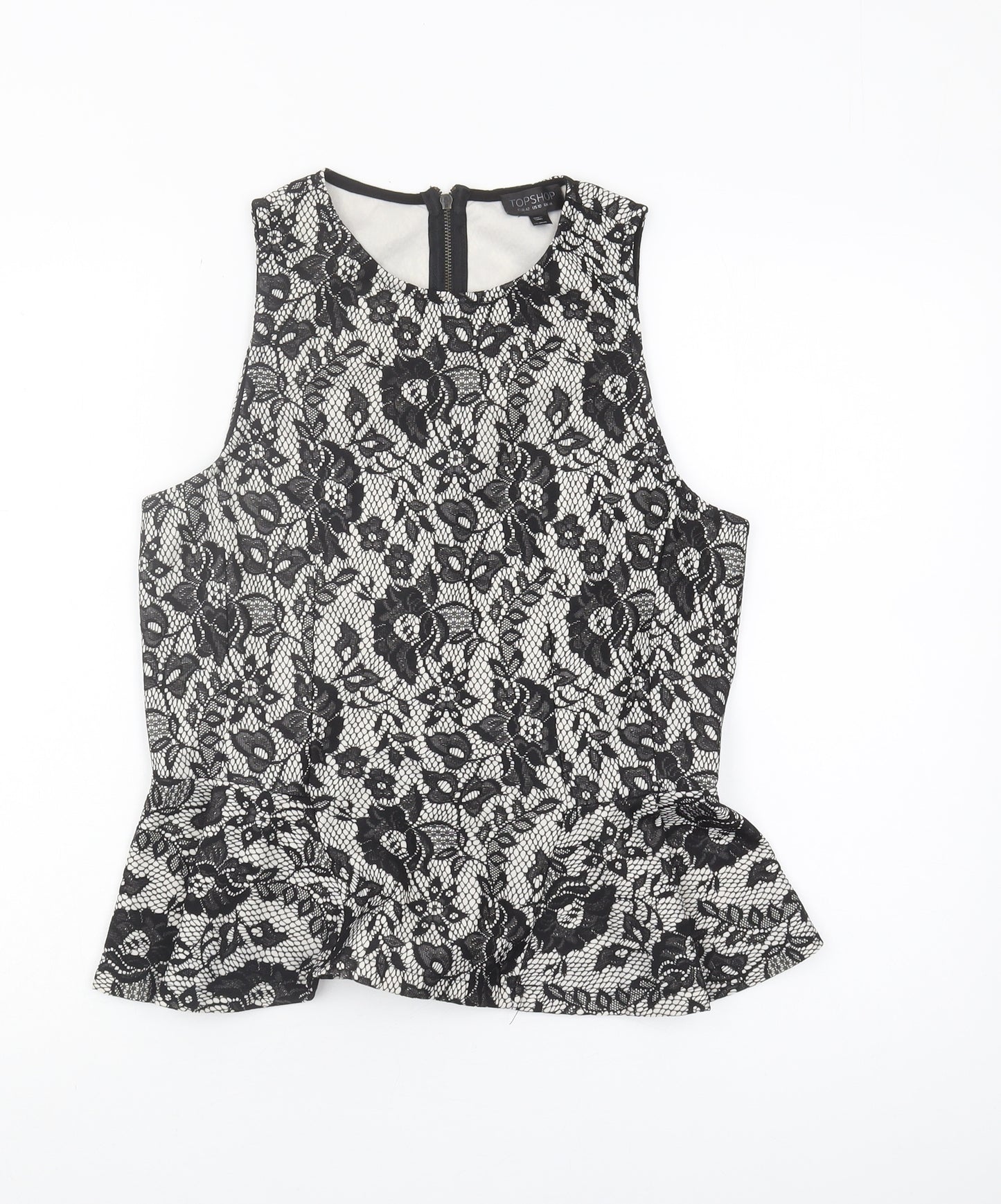 Topshop Women's Black Lace Floral Blouse Size 14 Sleeveless