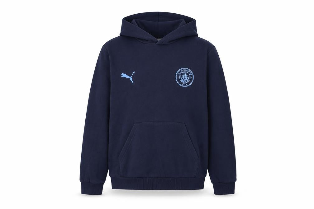 Front view of Puma boys’ blue hoodie, size L, pullover style, football theme