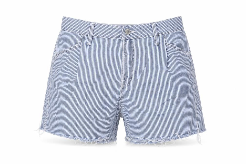 Front view of Mango Women's Blue Striped Cut-Off Cotton Shorts, size 10