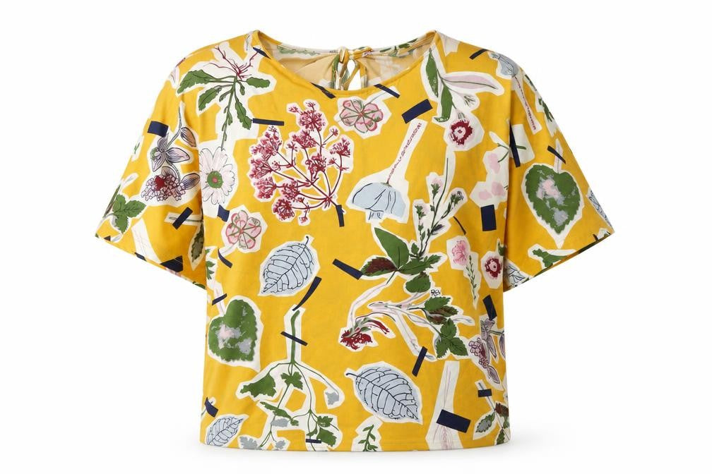 Front view of Klass Women's Yellow Floral T-Shirt Medium