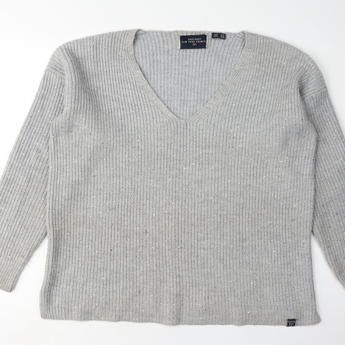 Superdry Women's Grey Knit V-Neck Pullover Jumper Size 10