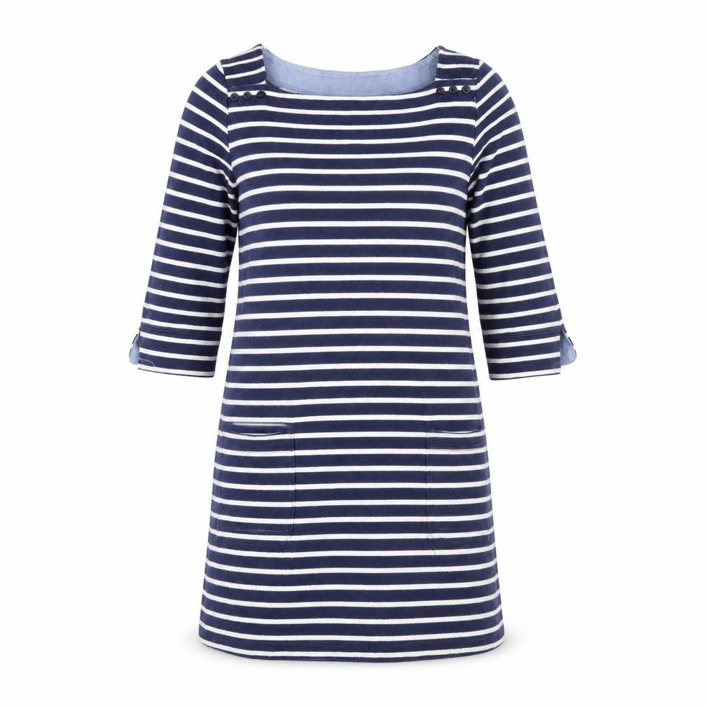 Front view of Joules Women's Blue Striped Shift Dress, size 8, Nautical Style