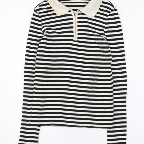 MNG Women's Black Striped Full Zip Collared Jumper