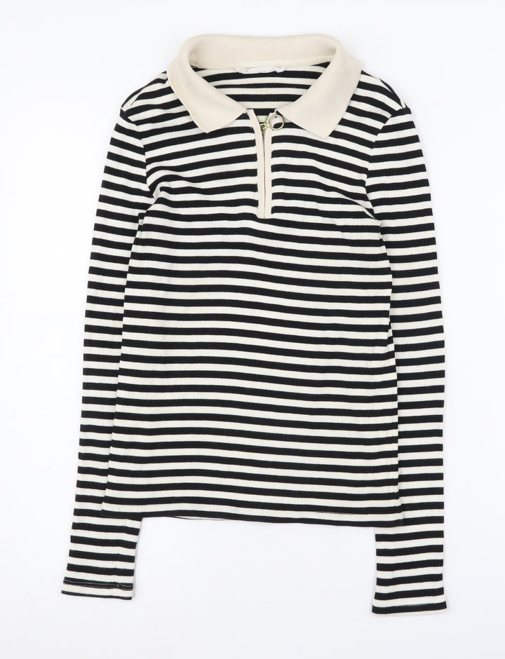 MNG Women's Black Striped Full Zip Collared Jumper