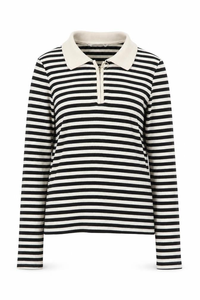Mango Women's Black Striped Full Zip Collared Jumper