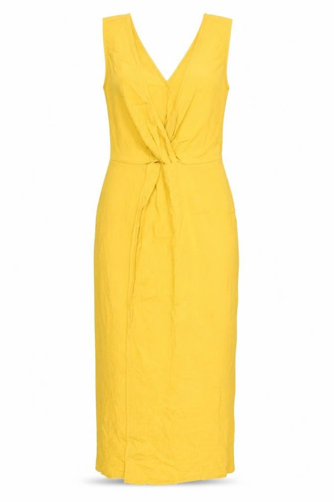 Front view of Warehouse Women's Yellow Sleeveless Viscose Dress