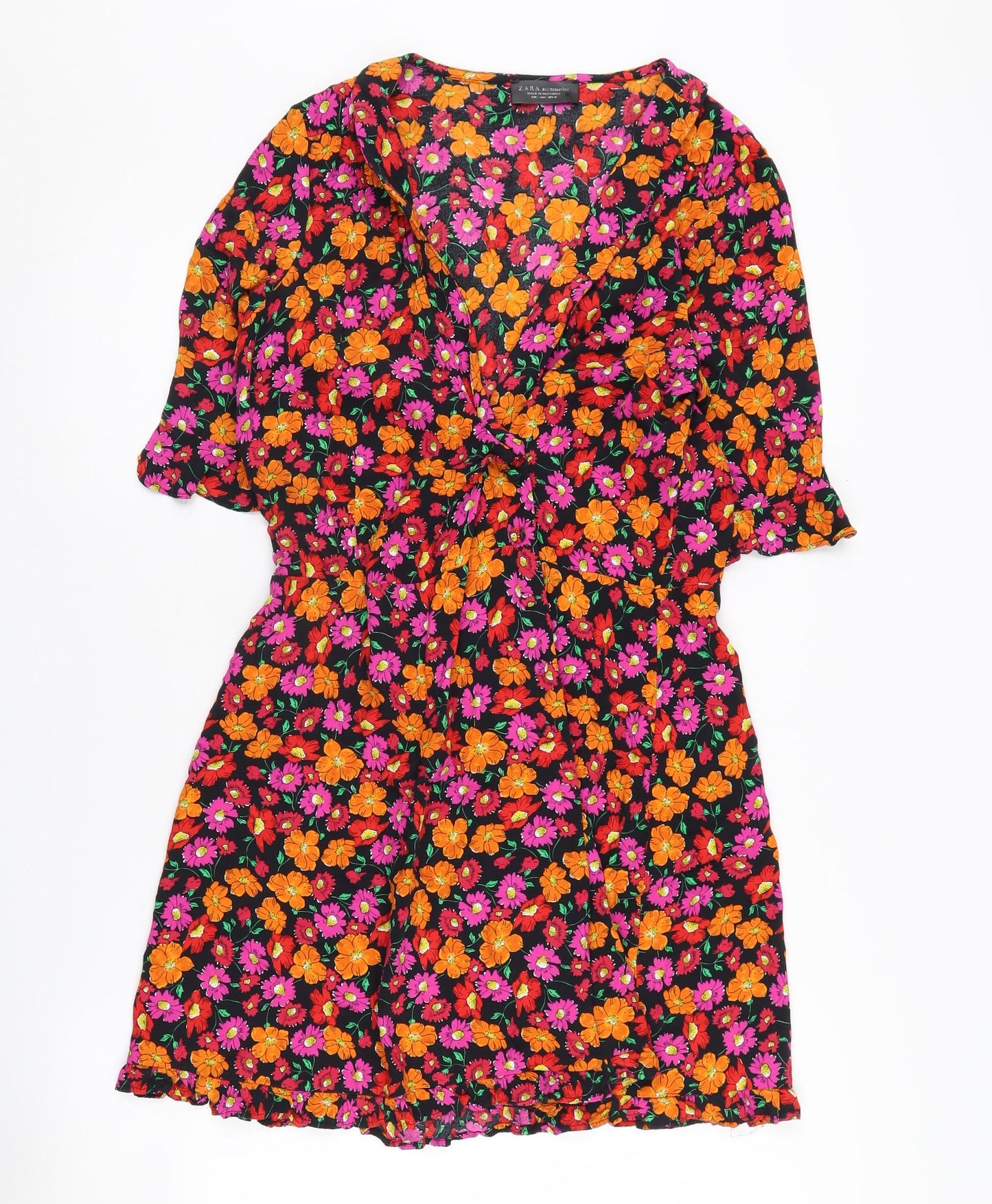 Zara Women's Floral V-Neck Dress, Size L, Multicoloured