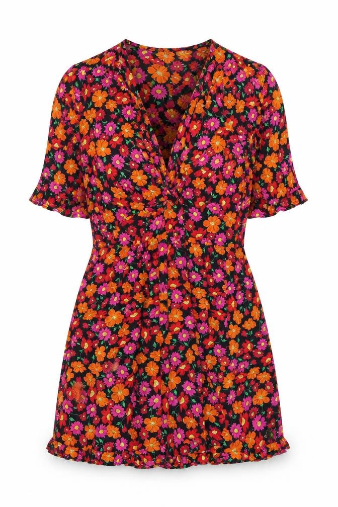Front view of Zara Women's Floral V-Neck Dress, size L, Multicoloured