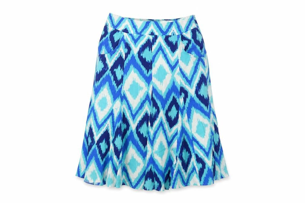 Front view of M&Co Women's Blue Geometric Skirt, size 12