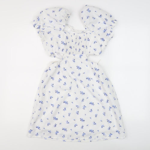 H&M Divided Women's White Floral A-Line Dress, Size 12