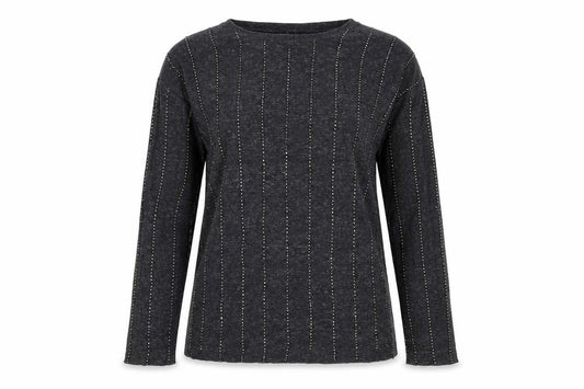 Front view of Topshop Women's Black Studded Crew Neck Long Sleeve Top