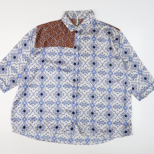 Topshop Women's Blue Geometric Button-Up Shirt, Size 10