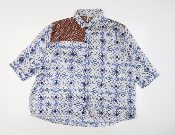 Topshop Women's Blue Geometric Button-Up Shirt, Size 10