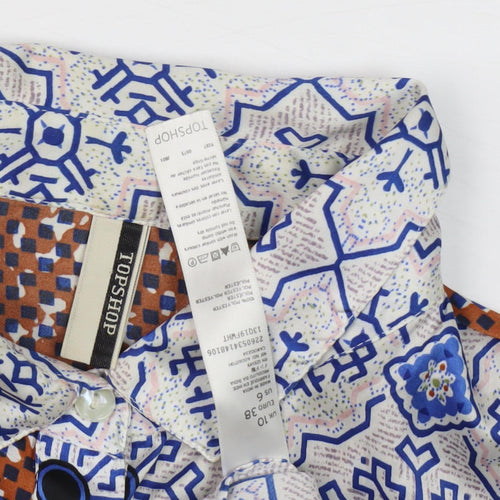 Topshop Women's Blue Geometric Button-Up Shirt, Size 10