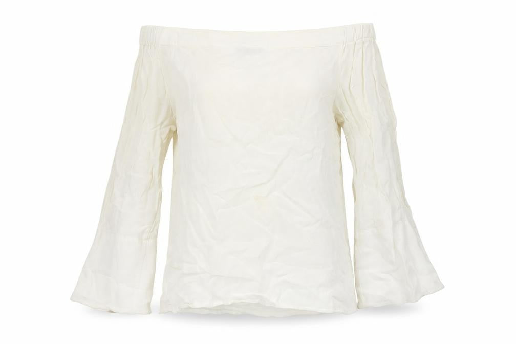 Front view of Mint Velvet Women's Ivory Off Shoulder Blouse, size 6