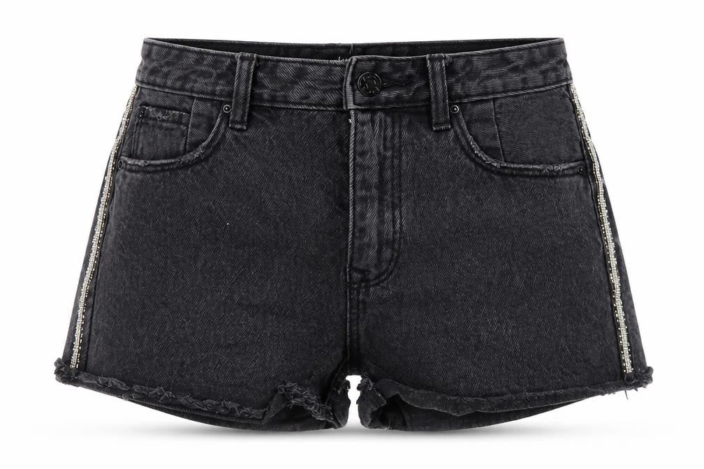 Front view of Stradivarius Women's Black High Waist Denim Shorts -, size 8