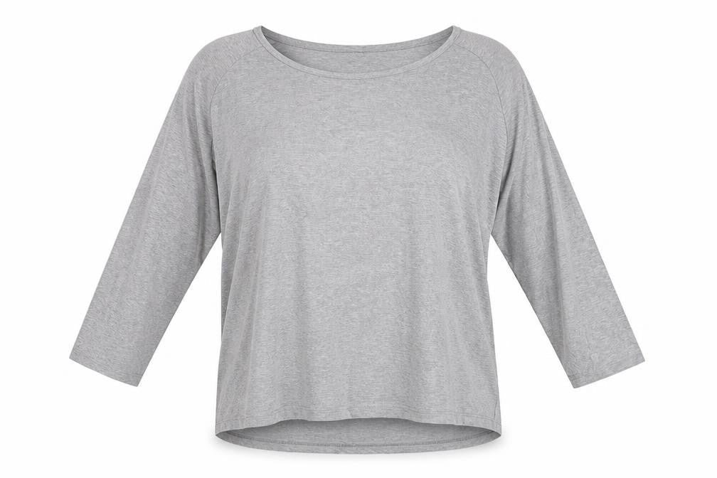 Front view of Warehouse Women's Grey 3/4 Sleeve Basic T-Shirt, size 14