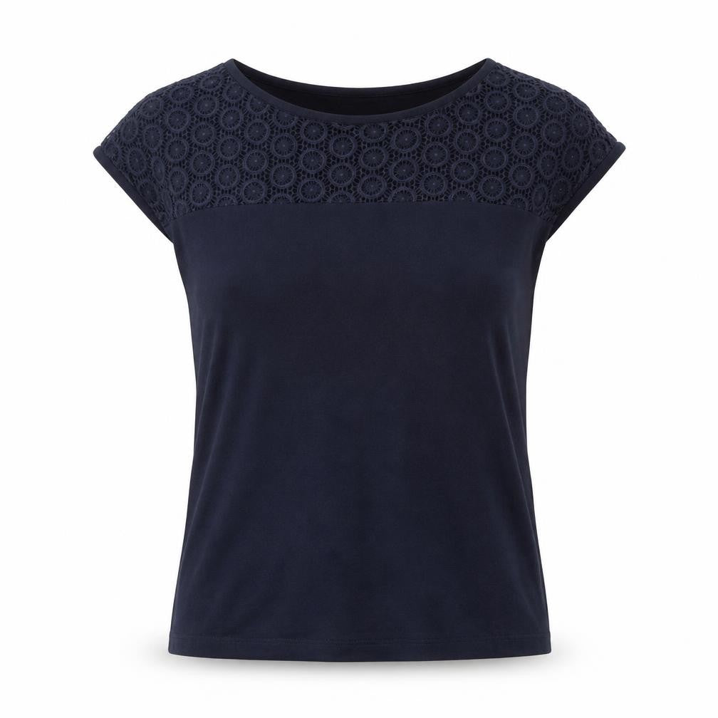 Front view of Precis Women's Blue Crochet Accent Cap Sleeve Top