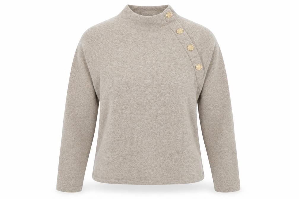 Front view of H&M Women's Beige Button Accent Mock Neck Jumper XS