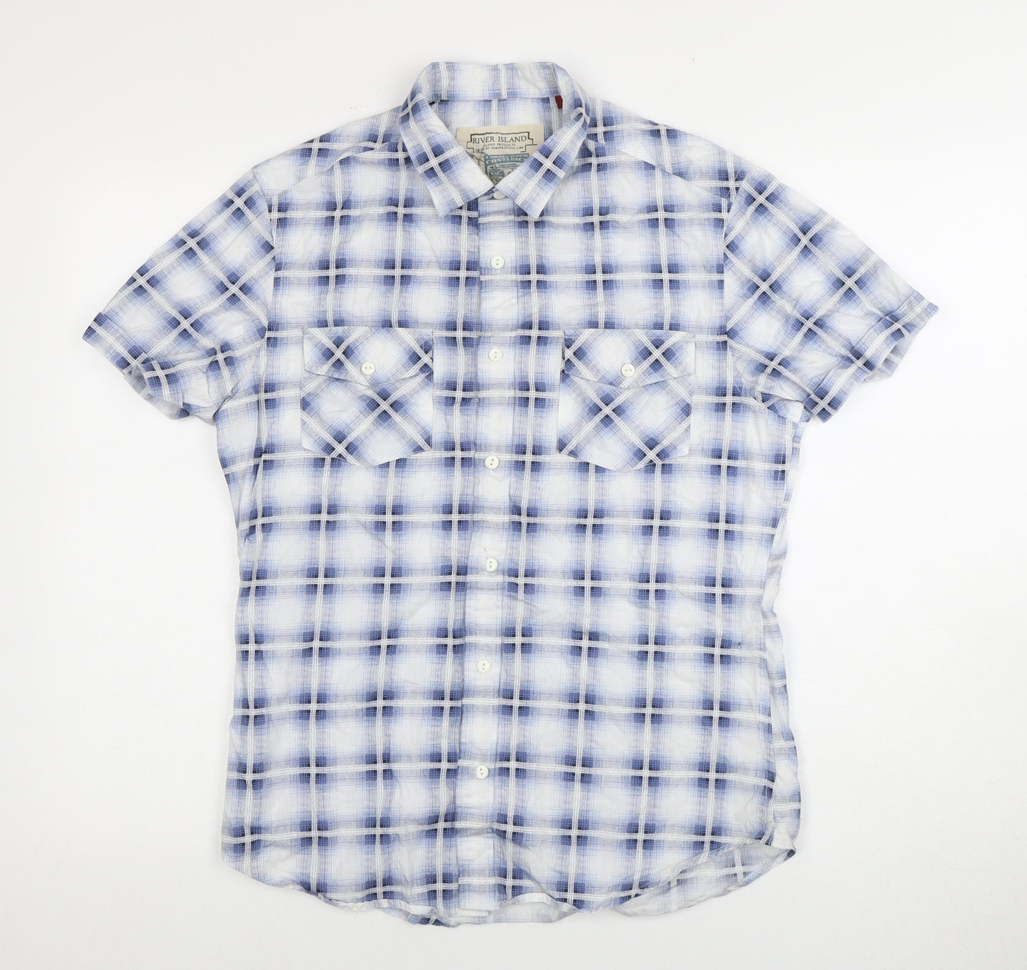 River Island Men's Blue Plaid Short Sleeve Shirt