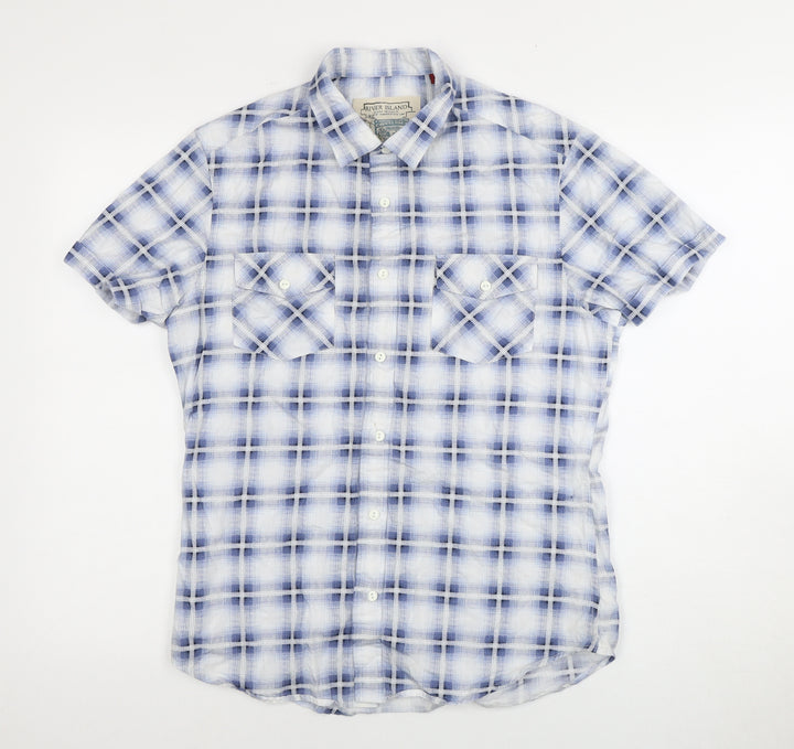 River Island Men's Blue Plaid Short Sleeve Shirt