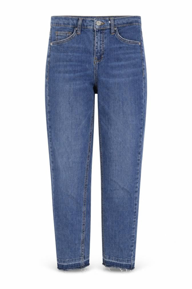 Front view of Topshop Women's Blue Straight Jeans, size 8, Distressed