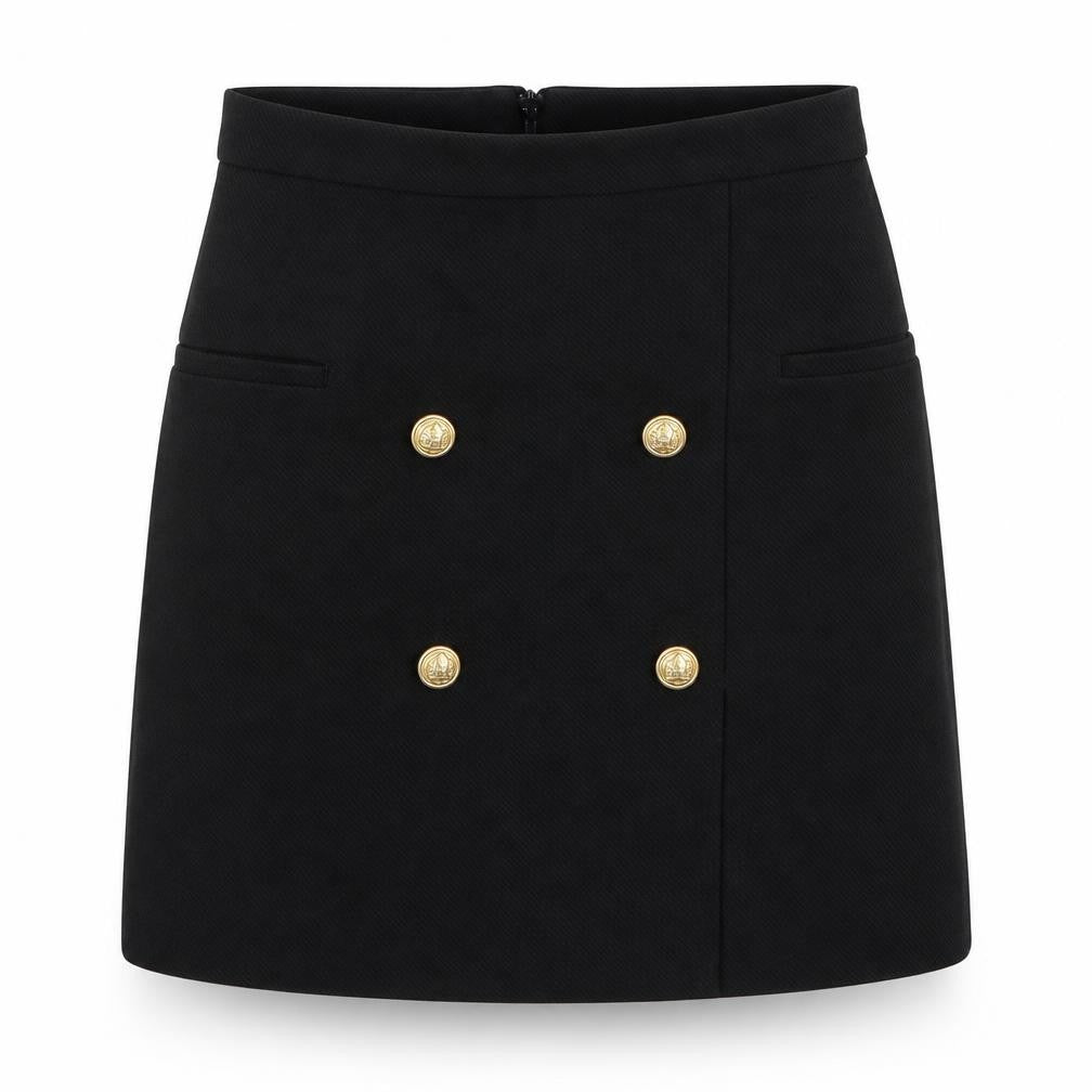 Front view of H&M Women's Black Pencil Skirt, size 8, Button Accents