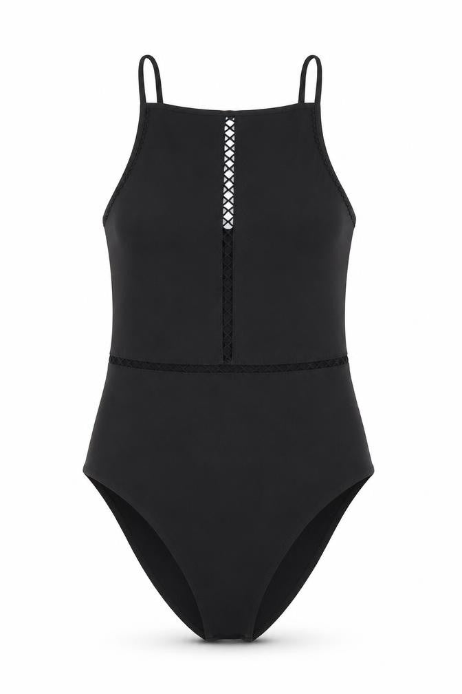 Front view of H&M Black Bodysuit Women, size 12, Adjustable Stretch Zip