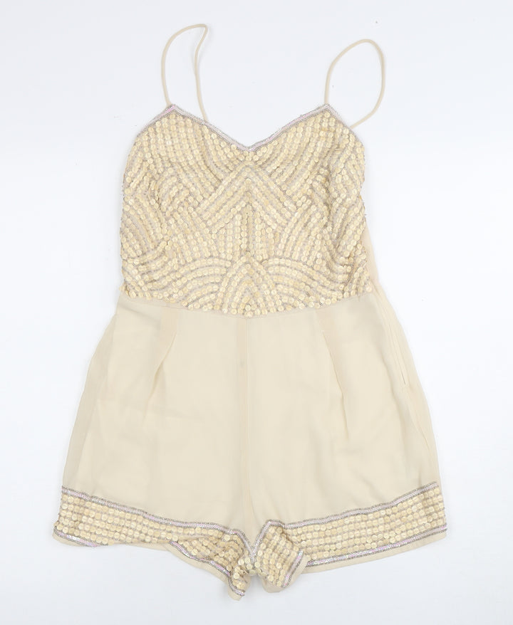 TFNC Women's Beige Playsuit, Size S, Beaded Party Wear