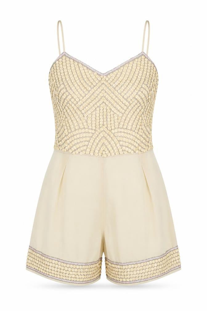 Front view of TFNC Women's Beige Playsuit, size S, Beaded Party Wear