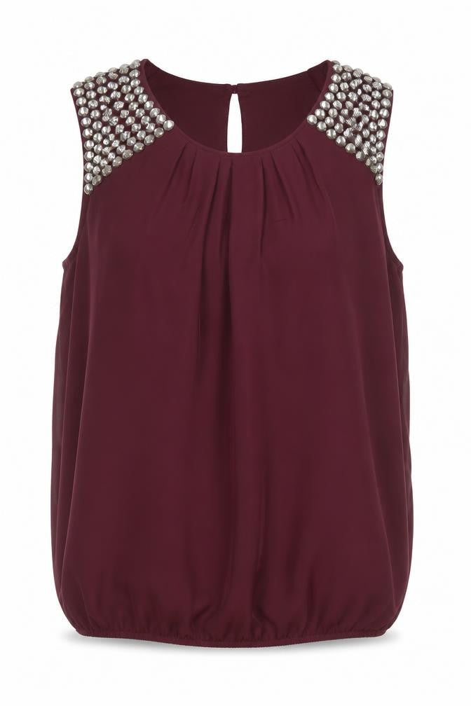 Front view of Red Herring Women's Purple Sleeveless Beaded Blouse, size 14