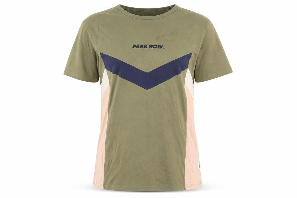 Front view of Park Row Women's Green Colourblock T-Shirt - Medium