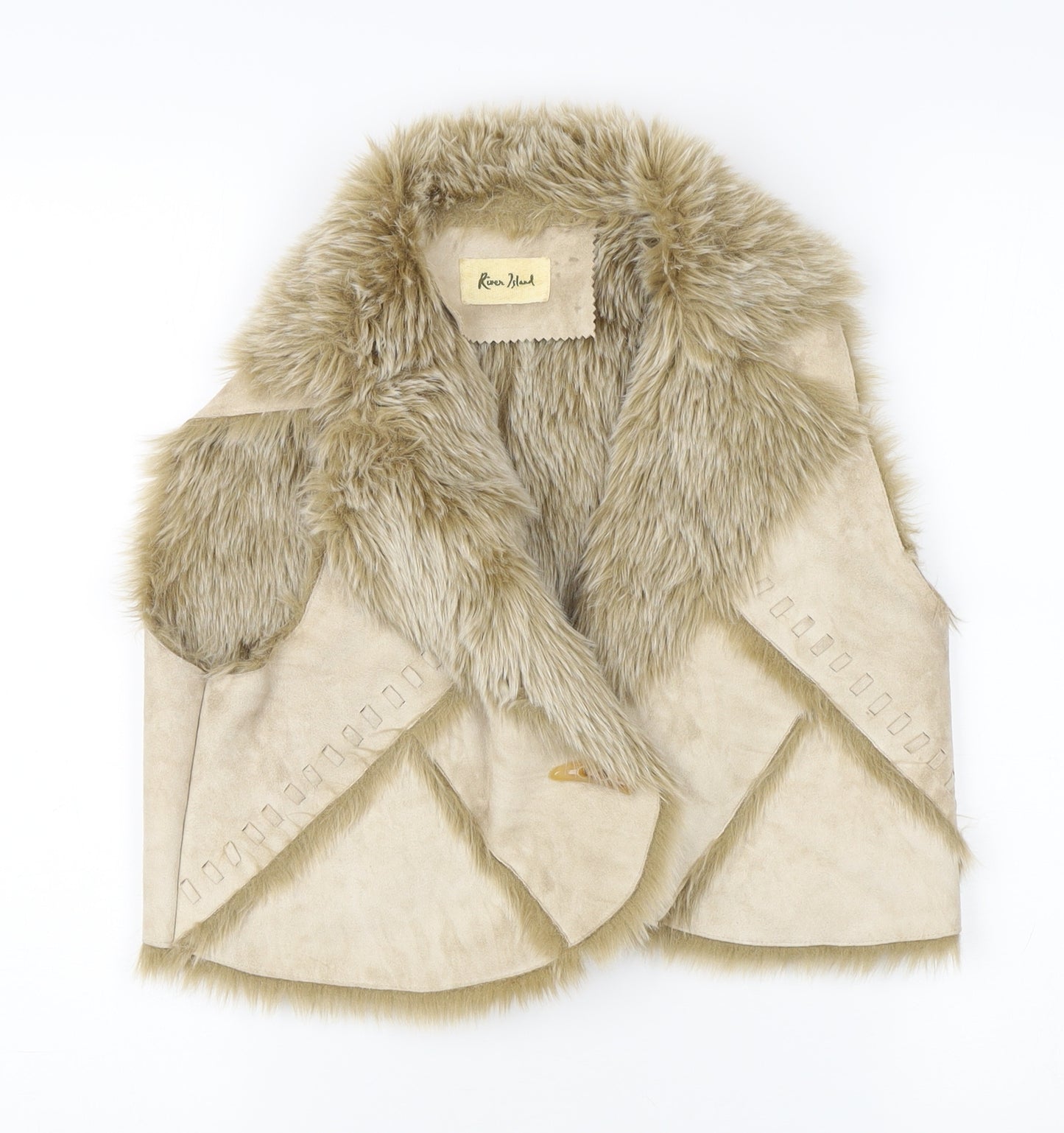 River Island Beige Women's Fur Trim Cropped Waistcoat Size 14