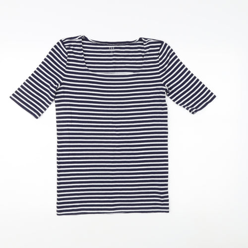 Gap Women's Blue Striped T-Shirt, Size M, Scoop Neck