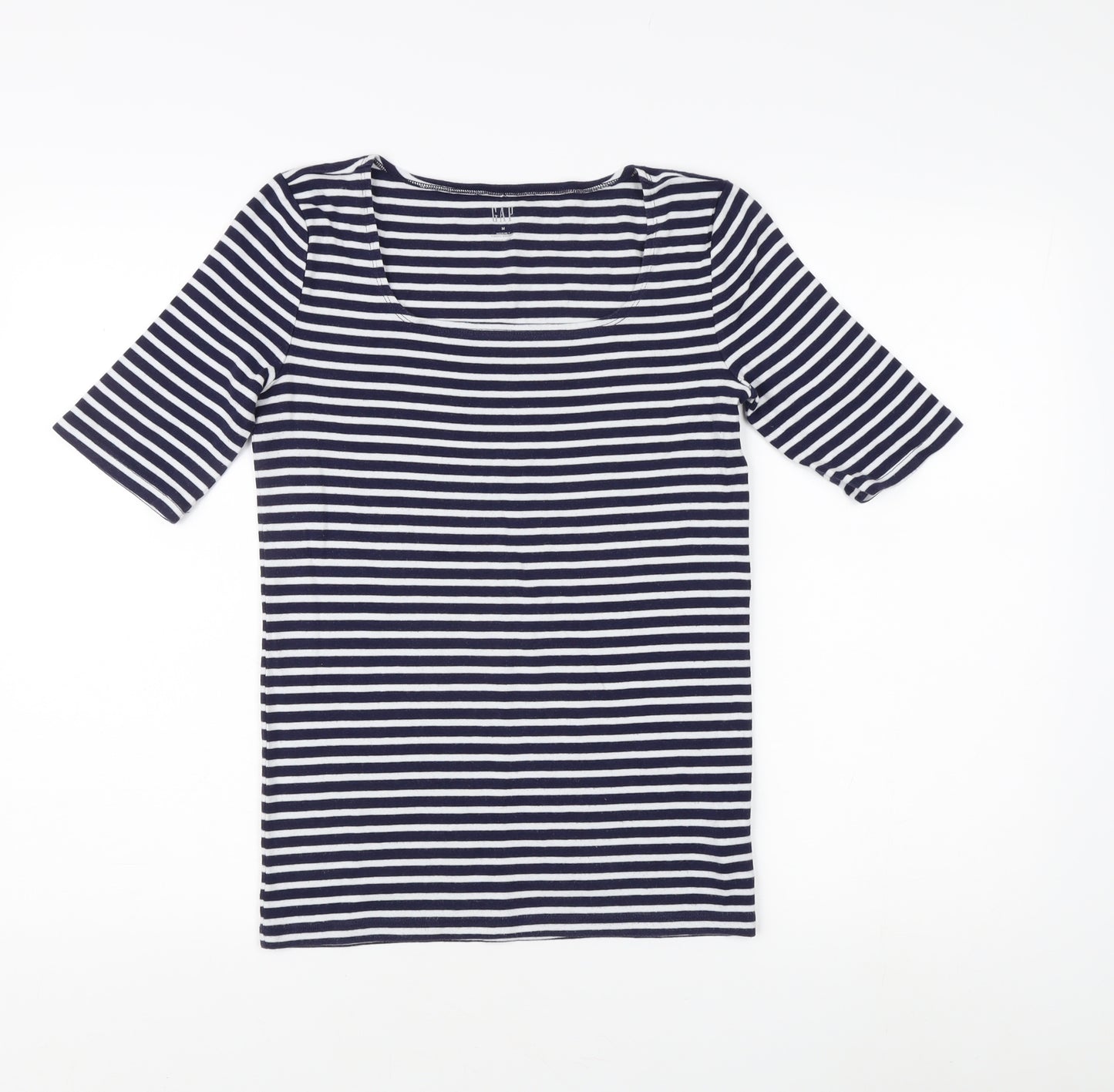 Gap Women's Blue Striped T-Shirt, Size M, Scoop Neck