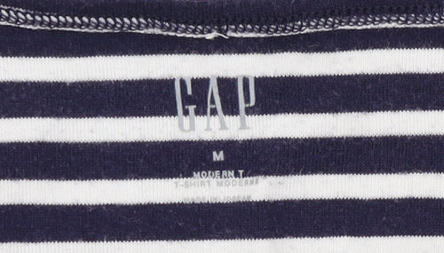 Gap Women's Blue Striped T-Shirt, Size M, Scoop Neck