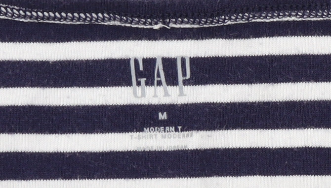 Gap Women's Blue Striped T-Shirt, Size M, Scoop Neck