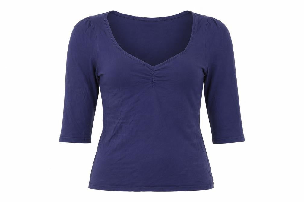 Front view of Warehouse Women's Blue V-Neck 3/4 Sleeve Top, size 12