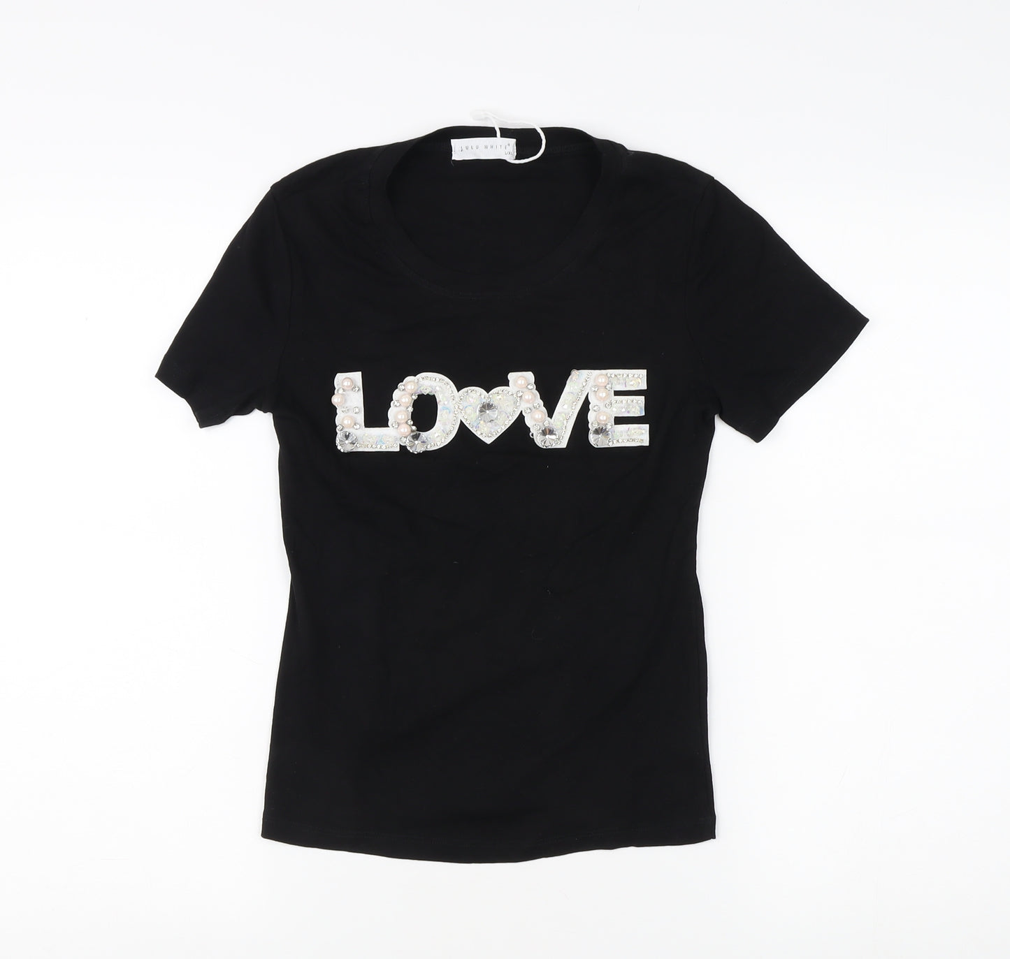 LULU WHITE Women's Black Beaded 'LOVE' T-Shirt L/XL Casual