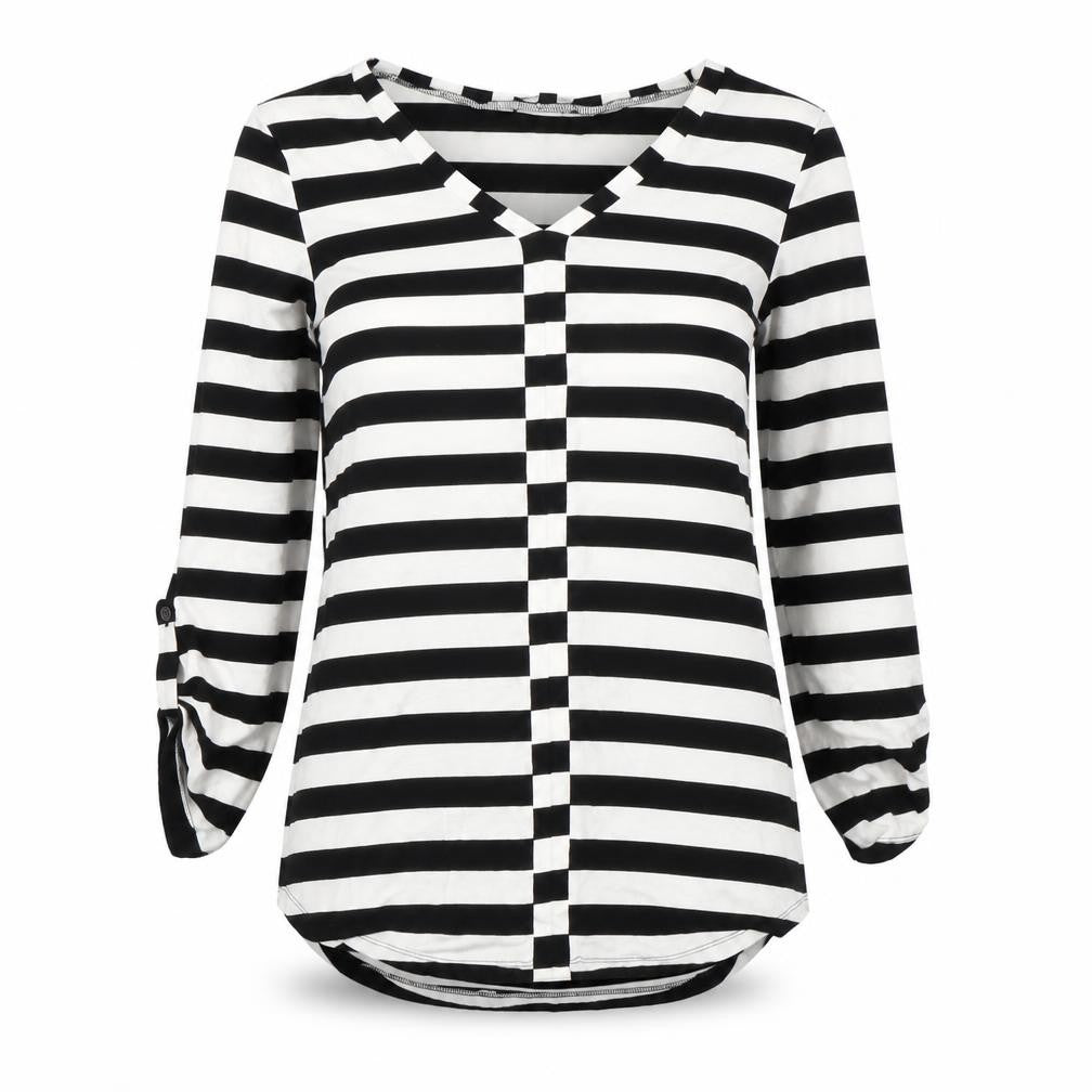 Front view of Cabe & Gauge Women's M Black Striped V-Neck Blouse
