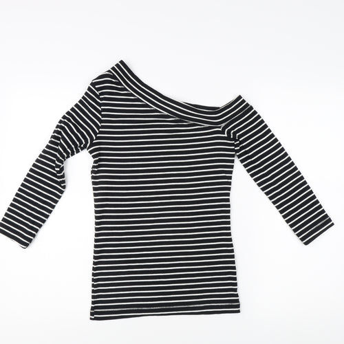 H&M Women's Black Striped T-Shirt, Size 8, Off Shoulder