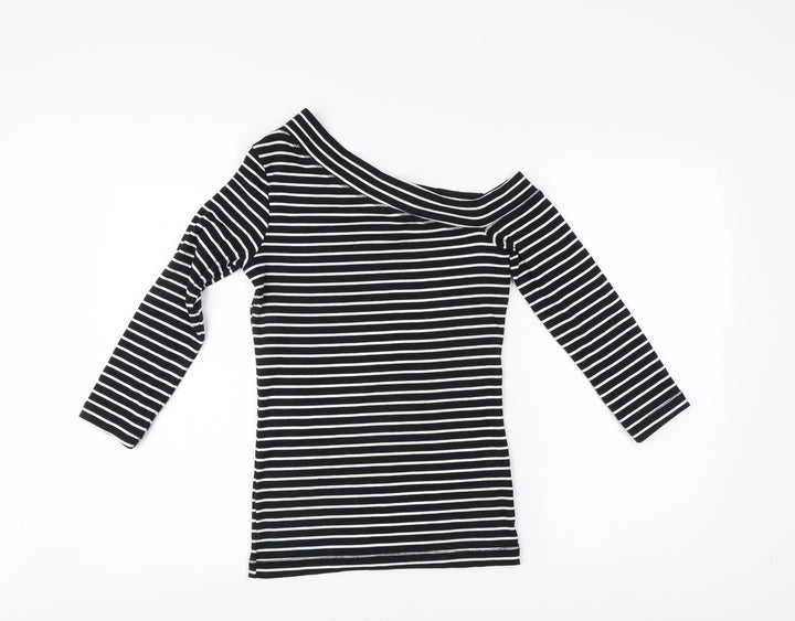 H&M Women's Black Striped T-Shirt, Size 8, Off Shoulder