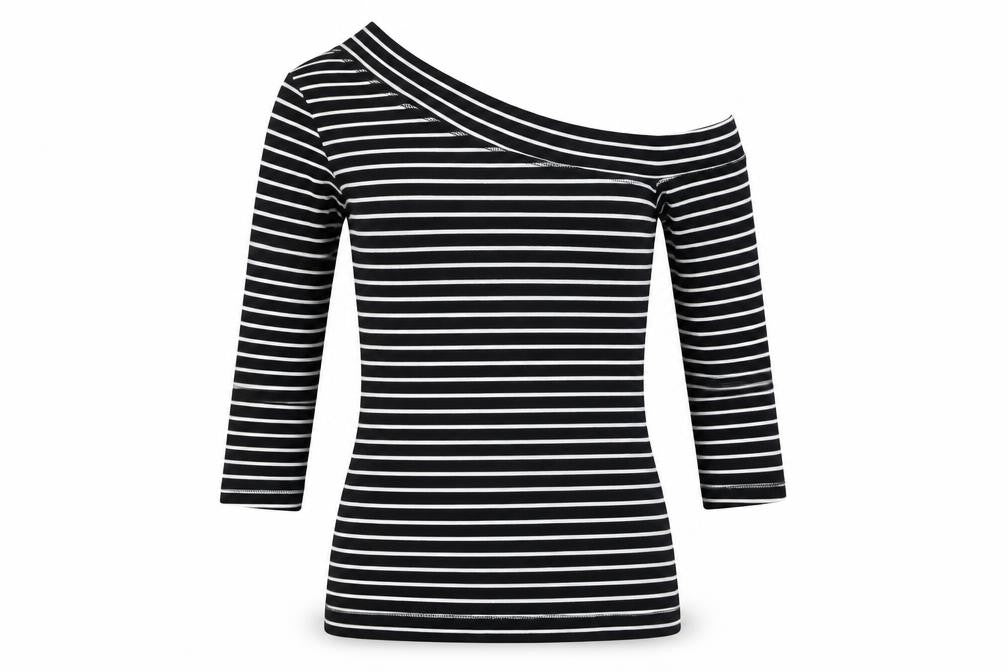 Front view of H&M Women's Black Striped T-Shirt, size 8, Off Shoulder