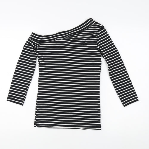 H&M Women's Black Striped T-Shirt, Size 8, Off Shoulder