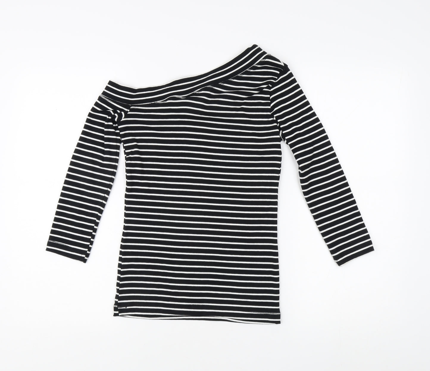 H&M Women's Black Striped T-Shirt, Size 8, Off Shoulder
