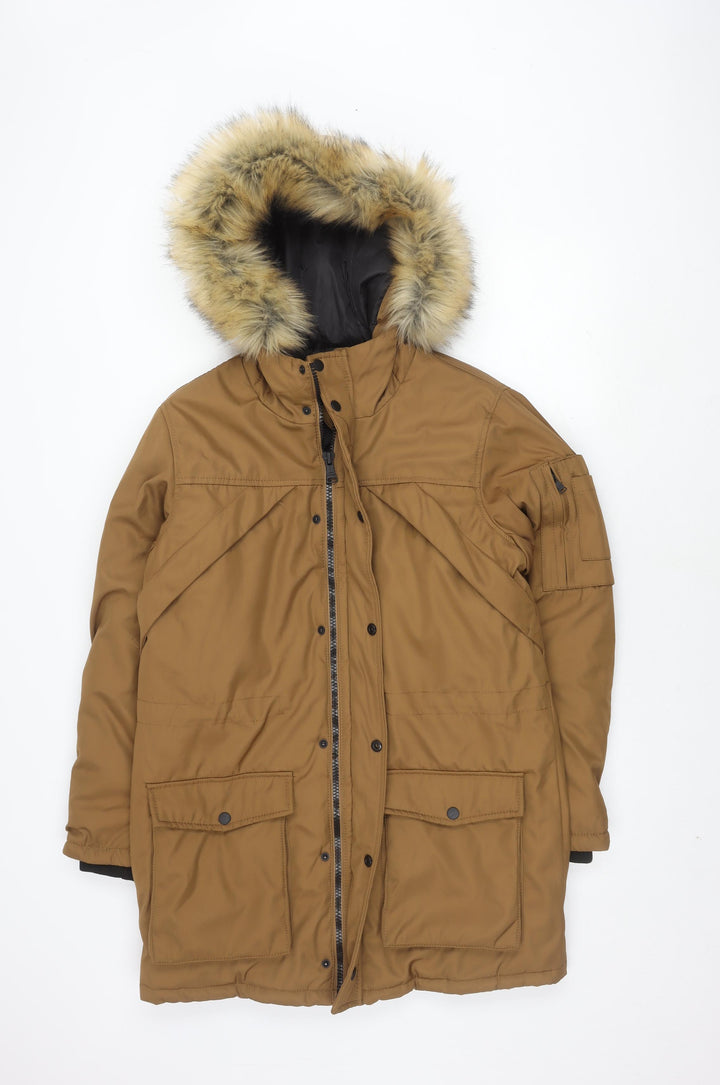 Bershka Men's Brown Parka Jacket S Hooded Winter