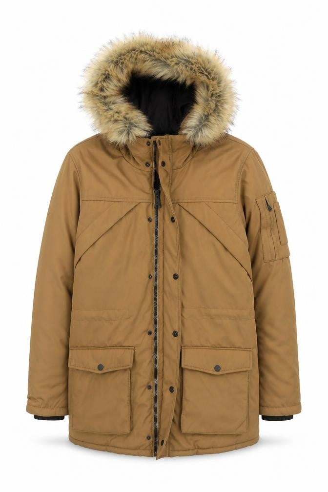 Front view of Bershka Men's Brown Parka Jacket S Hooded Winter