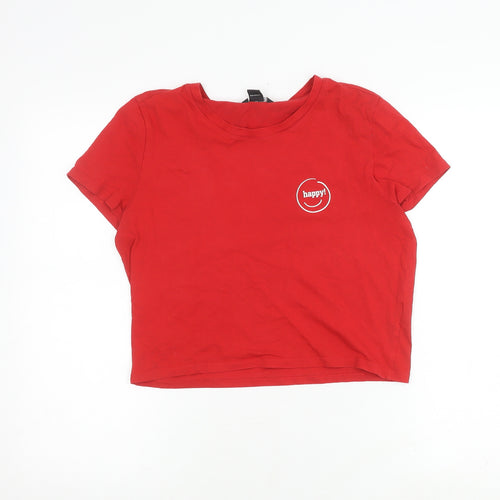 Monki Women's Red Cropped T-Shirt, Crew Neck, Size M