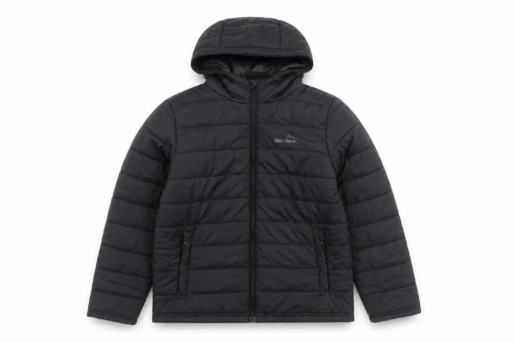 Front view of Peter Storm boys’ black puffer jacket 11-12 years hooded