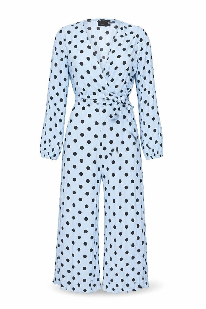 Front view of ASOS Women's Blue Polka Dot Jumpsuit, size 4